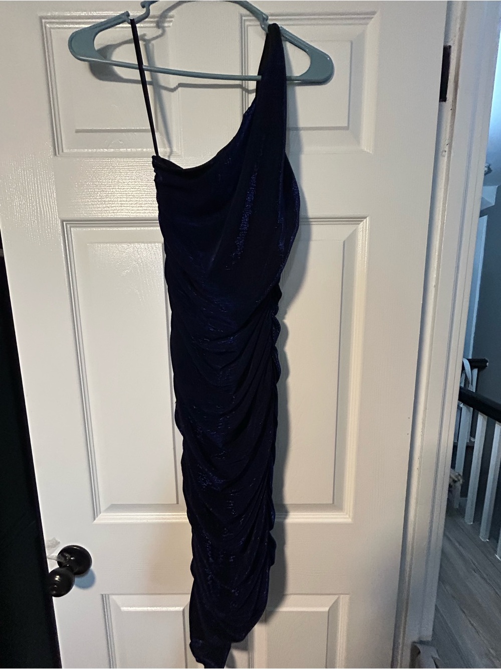 Windsor One-Shoulder Navy Sparkle Ruched Evening Gown